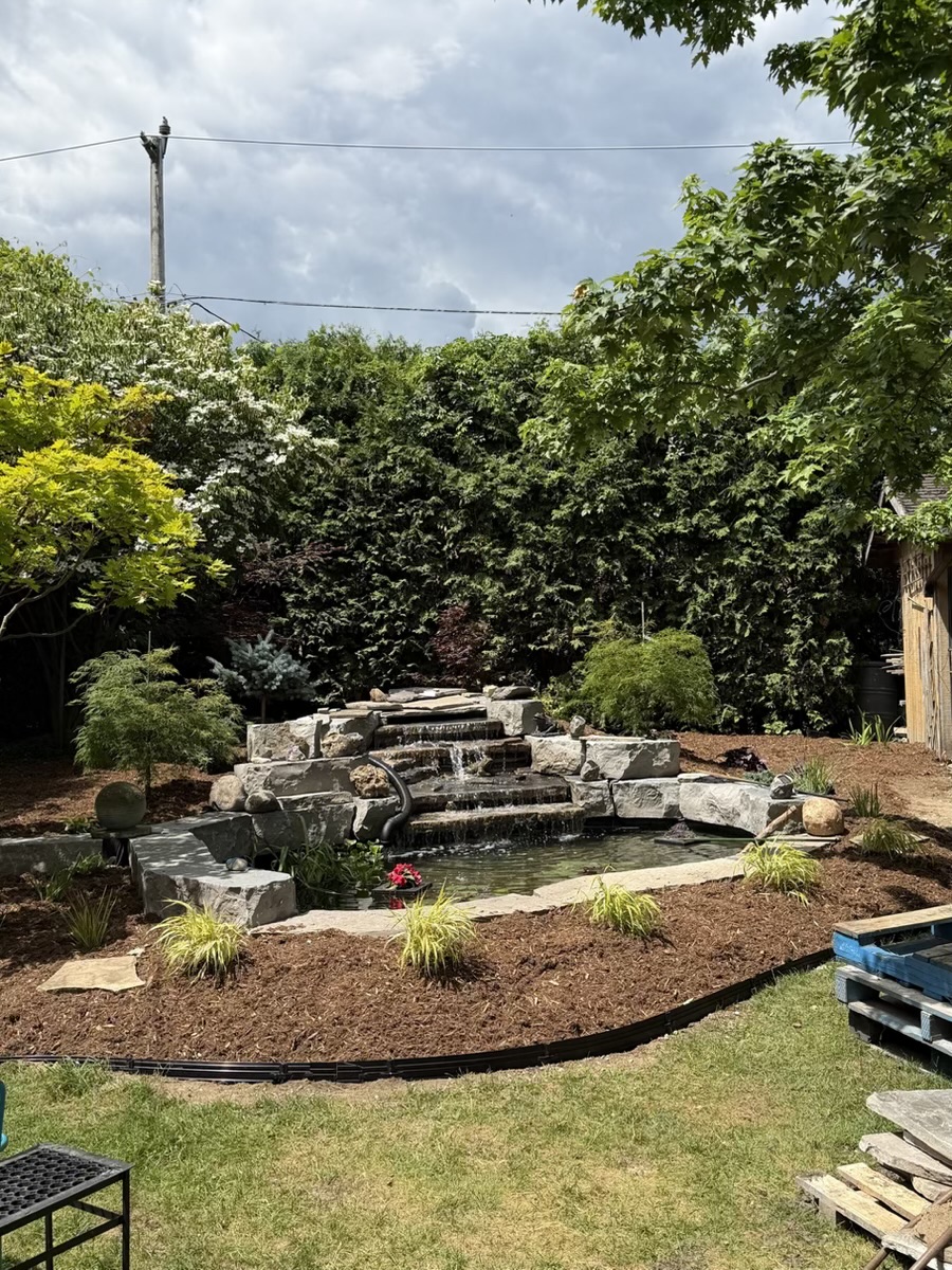 Finished pond and garden area with cleared planting beds