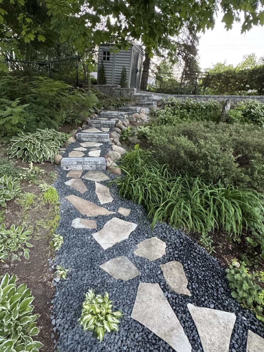 Stone walkway winding through a tidy planted garden